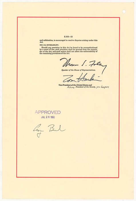 Signatory page of the ADA that shows the signature of President H.W. Bush.